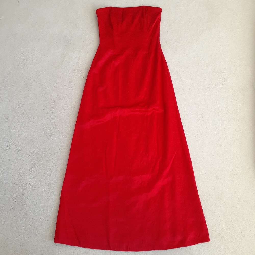 Jessica McClintock Vintage 90's Red Satin Embroidered Strapless Dress